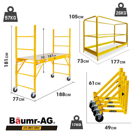 Baumr-AG 1.9 x 0.8 x 1.8m Adjustable Mobile Scaffold Platform, Guard Rail, Outrigger Wheel Set, Trapdoor Hatch V219-BAMOTL04A