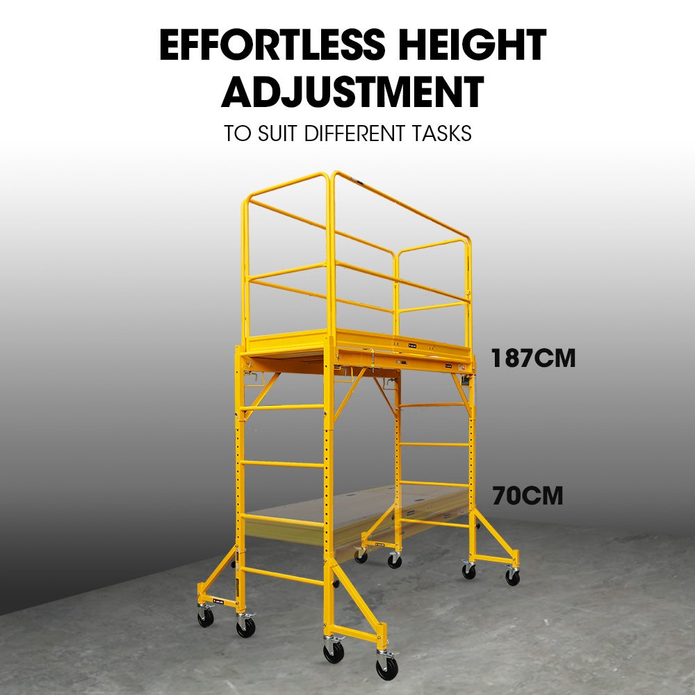 Baumr-AG 1.9 x 0.8 x 1.8m Adjustable Mobile Scaffold Platform, Guard Rail, Outrigger Wheel Set, Trapdoor Hatch V219-BAMOTL04A