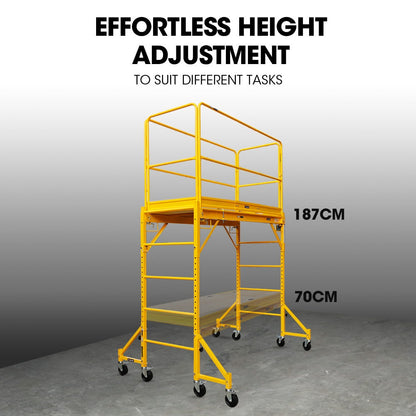 Baumr-AG 1.9 x 0.8 x 1.8m Adjustable Mobile Scaffold Platform, Guard Rail, Outrigger Wheel Set, Trapdoor Hatch V219-BAMOTL04A