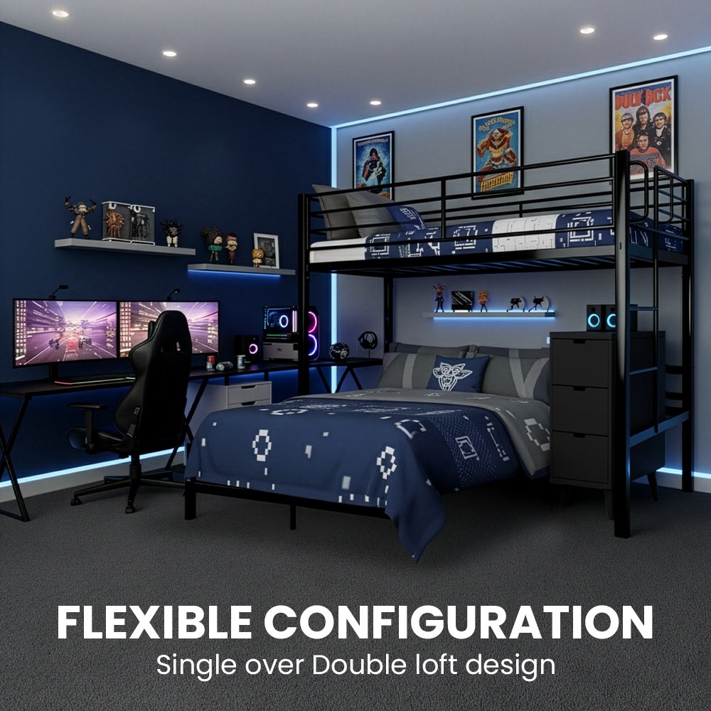 KINGSTON SLUMBER Metal Single Loft Bed And Double Underbed Frame, Multifunctional, Space Saving with Fixed V219-BEDBBBKSL8GA