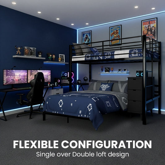 KINGSTON SLUMBER Metal Single Loft Bed And Double Underbed Frame, Multifunctional, Space Saving with Fixed V219-BEDBBBKSL8GA