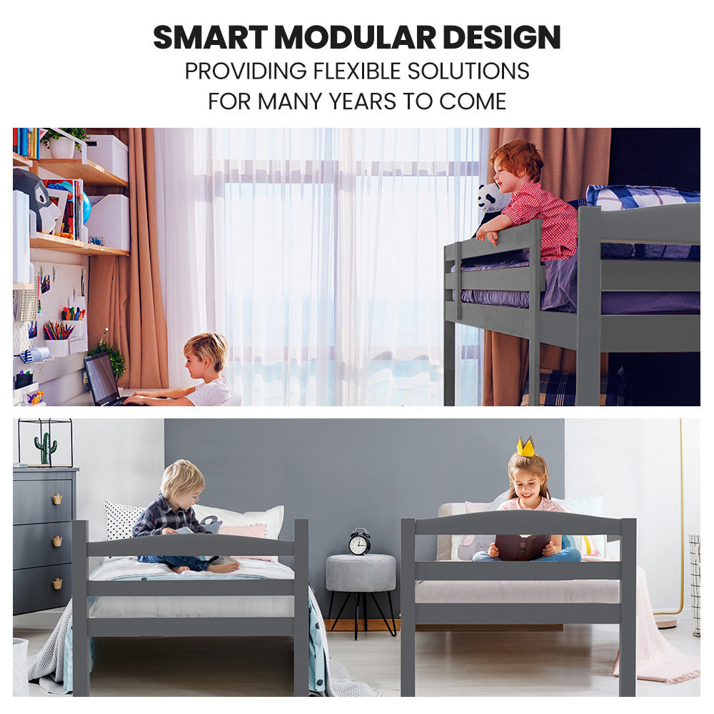 KINGSTON SLUMBER Single Bunk Bed Frame, Solid Pine 2-in-1 Modular Design, Converts to 2 Single Beds, For V219-BEDBFSKS14GA