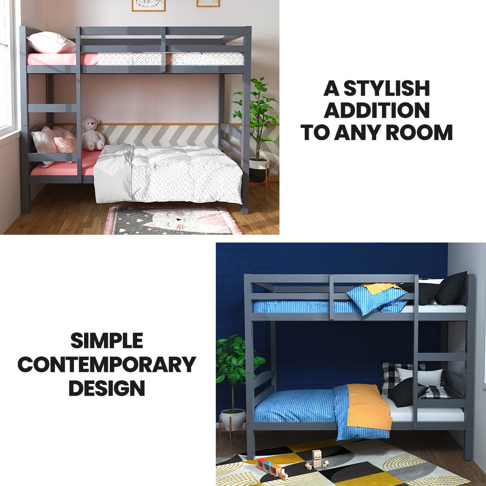 KINGSTON SLUMBER Single Bunk Bed Frame, Solid Pine 2-in-1 Modular Design, Converts to 2 Single Beds, For V219-BEDBFSKS14GA