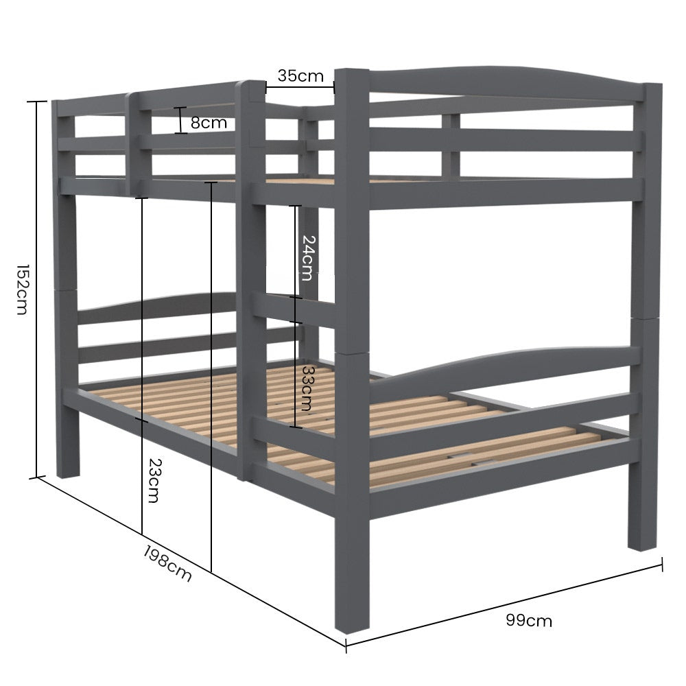 KINGSTON SLUMBER Single Bunk Bed Frame, Solid Pine 2-in-1 Modular Design, Converts to 2 Single Beds, For V219-BEDBFSKS14GA