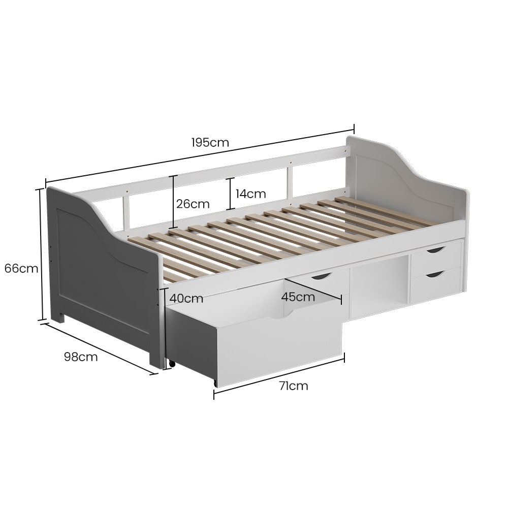 Kingston Slumber Wooden Single Sofa Bed Frame with Storage Drawers - White V219-BEDBFSKSS1WA