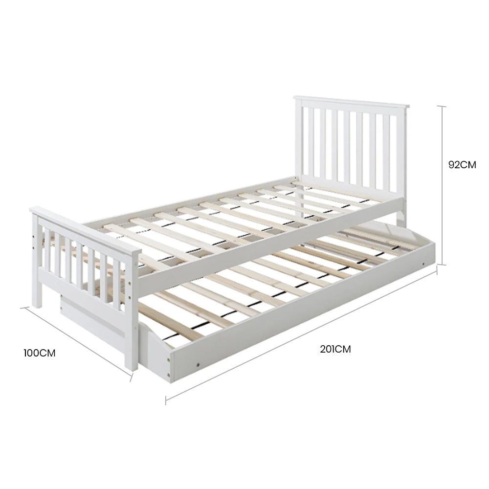 KINGSTON SLUMBER Wooden Single Bed Frame w/ Pop Up Trundle, for Kids Bedroom, White V219-BEDBFSKST3WA