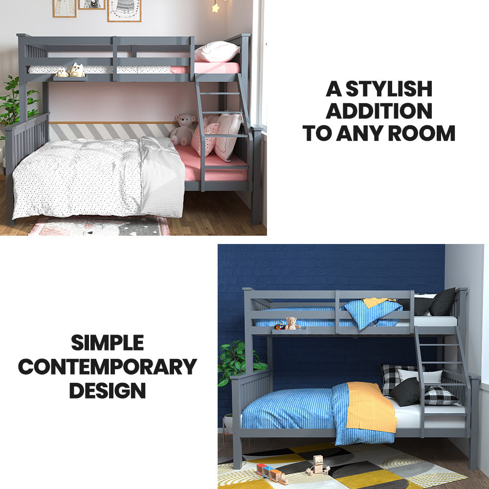 Kingston Slumber Bunk Bed Triple Wooden Single Over Double Beds for Kids, Solid Pine Wood, Convertible V219-BEDDBBKS02GA