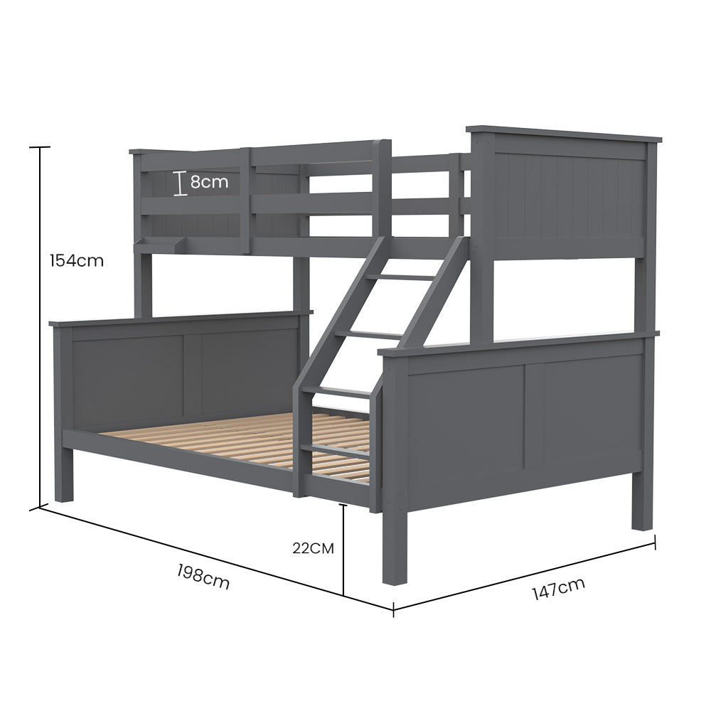 Kingston Slumber Triple Wooden Single Over Double Bunk Bed Frame for Kids, Convertible Design, Grey V219-BEDDBBKS03GA
