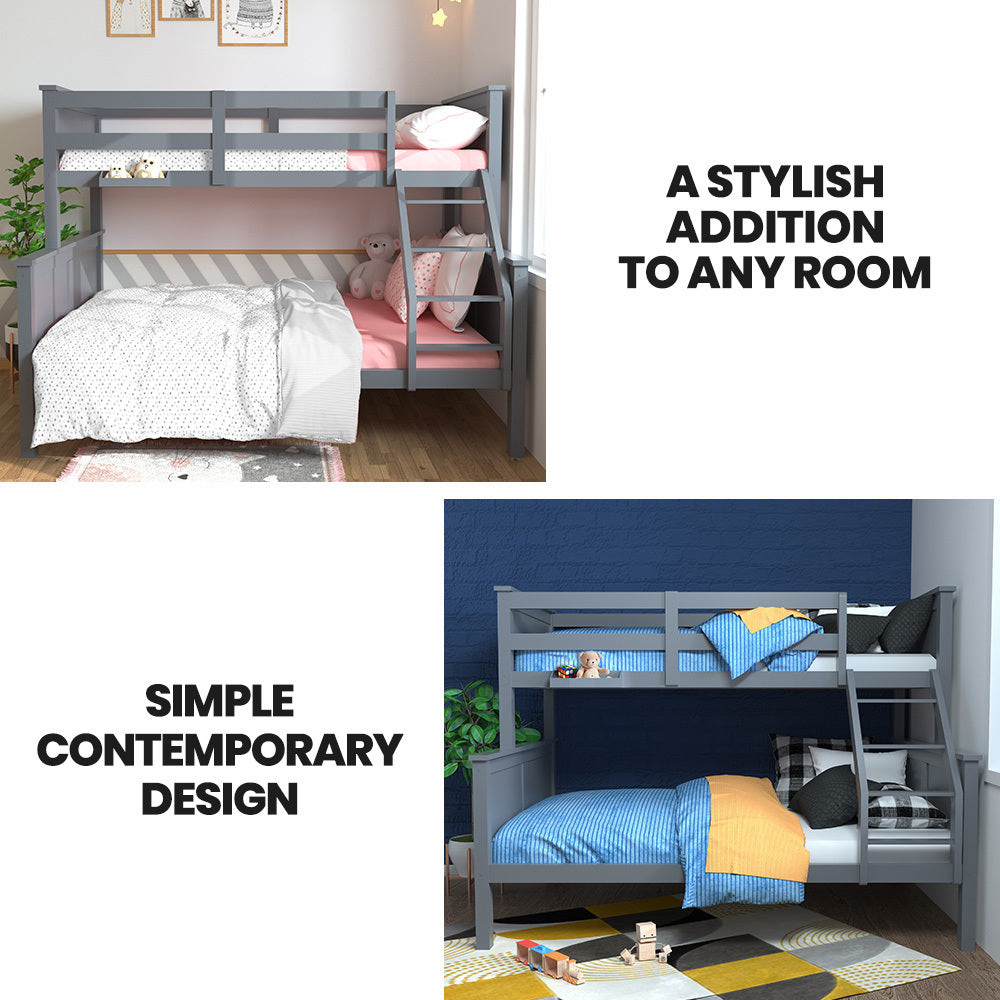 Kingston Slumber Triple Wooden Single Over Double Bunk Bed Frame for Kids, Convertible Design, Grey V219-BEDDBBKS03GA