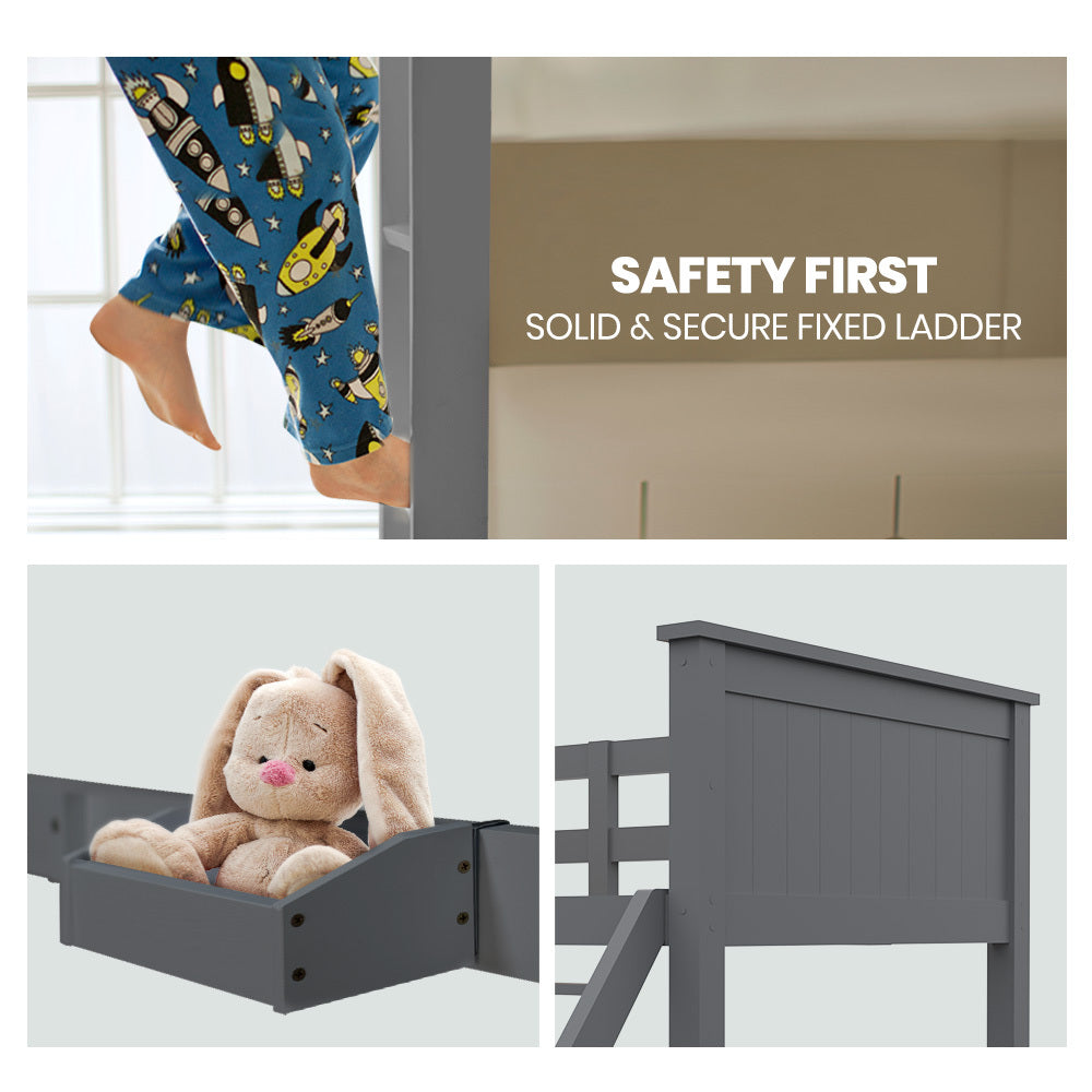 Kingston Slumber Triple Wooden Single Over Double Bunk Bed Frame for Kids, Convertible Design, Grey V219-BEDDBBKS03GA