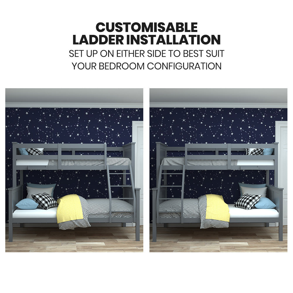 Kingston Slumber Triple Wooden Single Over Double Bunk Bed Frame for Kids, Convertible Design, Grey V219-BEDDBBKS03GA
