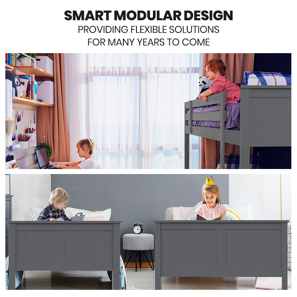 Kingston Slumber Triple Wooden Single Over Double Bunk Bed Frame for Kids, Convertible Design, Grey V219-BEDDBBKS03GA