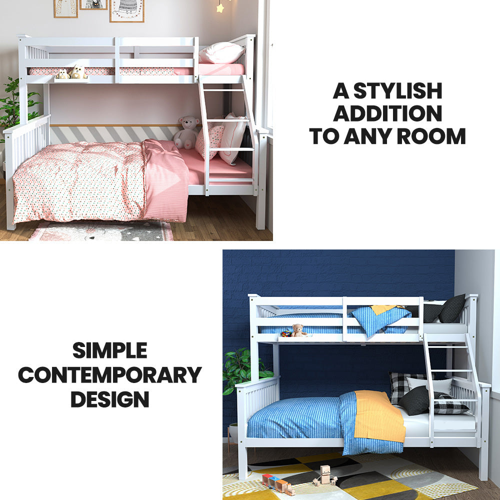 Kingston Slumber Single Over Double Wooden Bunk Bed Frame, Triple Solid Pine 2-in-1 Modular Design, Converts V219-BEDDBBKS12WA