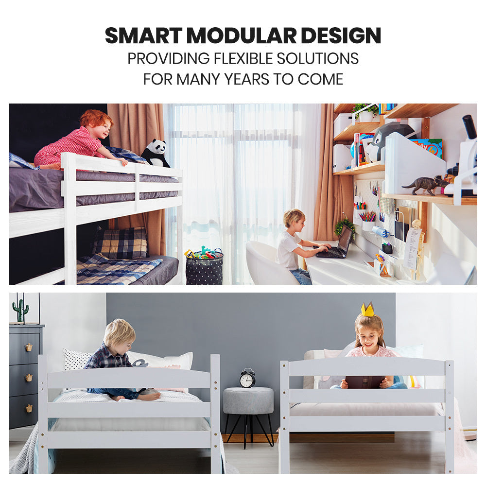 KINGSTON SLUMBER Single Bunk Bed Frame, Solid Pine 2-in-1 Modular Design, White V219-BEDSBBKS01WA