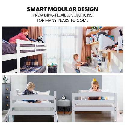 KINGSTON SLUMBER Single Bunk Bed Frame, Solid Pine 2-in-1 Modular Design, White V219-BEDSBBKS01WA