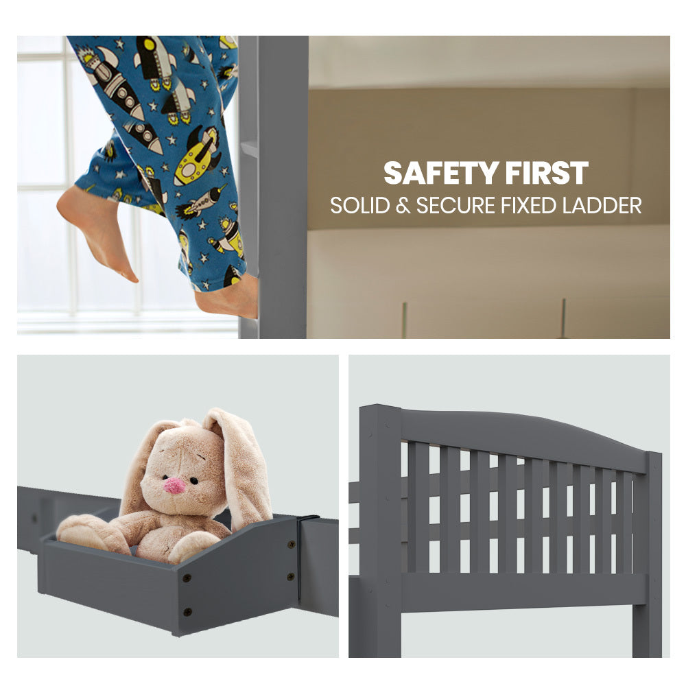 Kingston Slumber Single Bunk Bed Frame Solid Pine Wood Timber, Modular Design, Grey V219-BEDSBBKS02GA