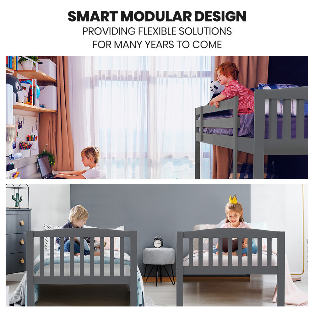 Kingston Slumber Single Bunk Bed Frame Solid Pine Wood Timber, Modular Design, Grey V219-BEDSBBKS02GA