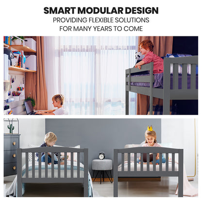 Kingston Slumber Single Bunk Bed Frame Solid Pine Wood Timber, Modular Design, Grey V219-BEDSBBKS02GA