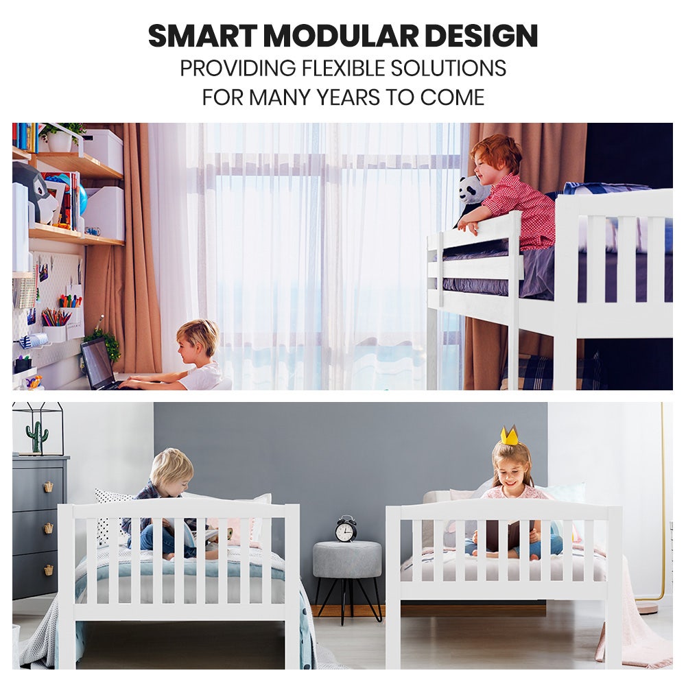 Kingston Slumber Wooden Kids Bunk Bed Frame, with Modular Design that can convert to 2 Single, White V219-BEDSBBKS02WA