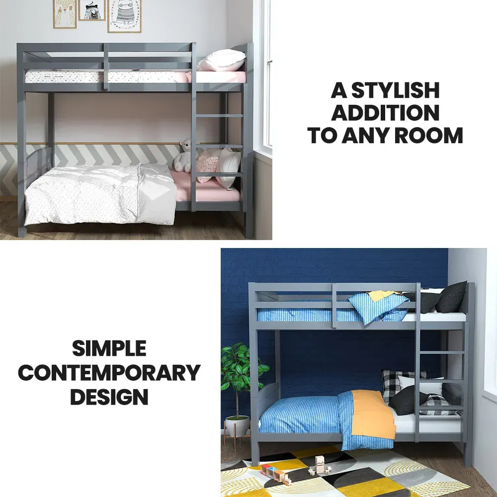 KINGSTON SLUMBER Single Bunk Bed Frame, Solid Pine 2-in-1 Modular Design Convert to 2 Single Beds, Grey V219-BEDSBBKS03GA