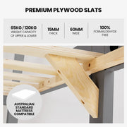KINGSTON SLUMBER Single Bunk Bed Frame, Solid Pine 2-in-1 Modular Design Convert to 2 Single Beds, Grey V219-BEDSBBKS03GA