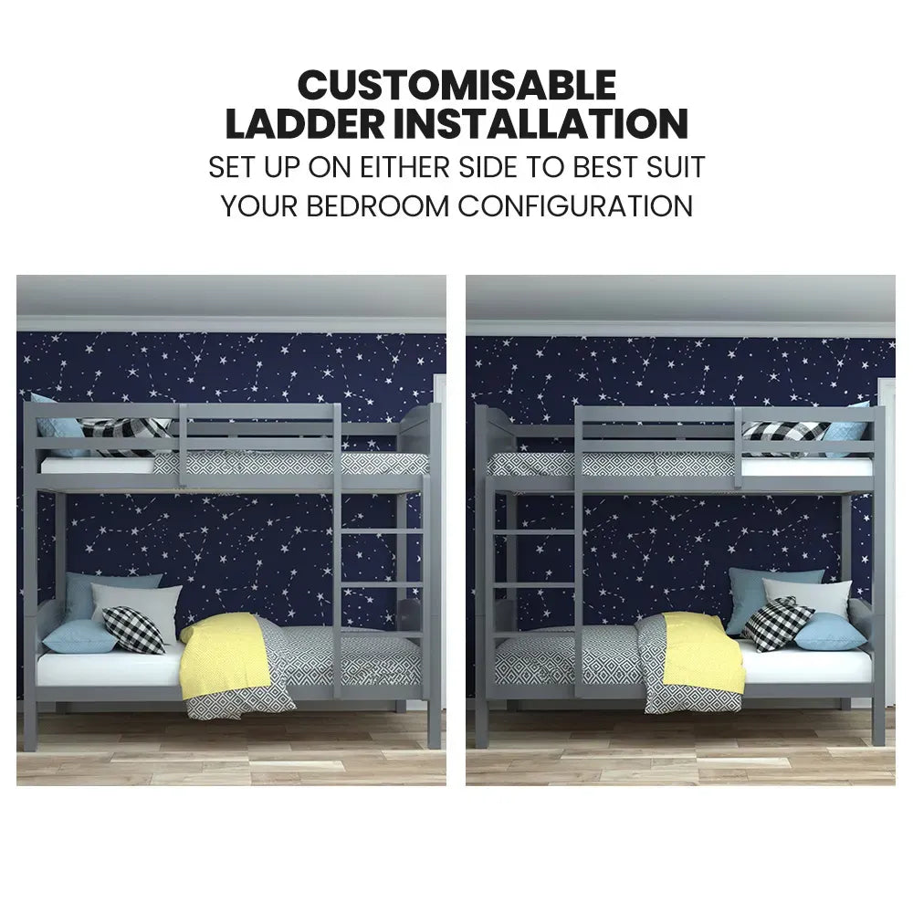 KINGSTON SLUMBER Single Bunk Bed Frame, Solid Pine 2-in-1 Modular Design Convert to 2 Single Beds, Grey V219-BEDSBBKS03GA