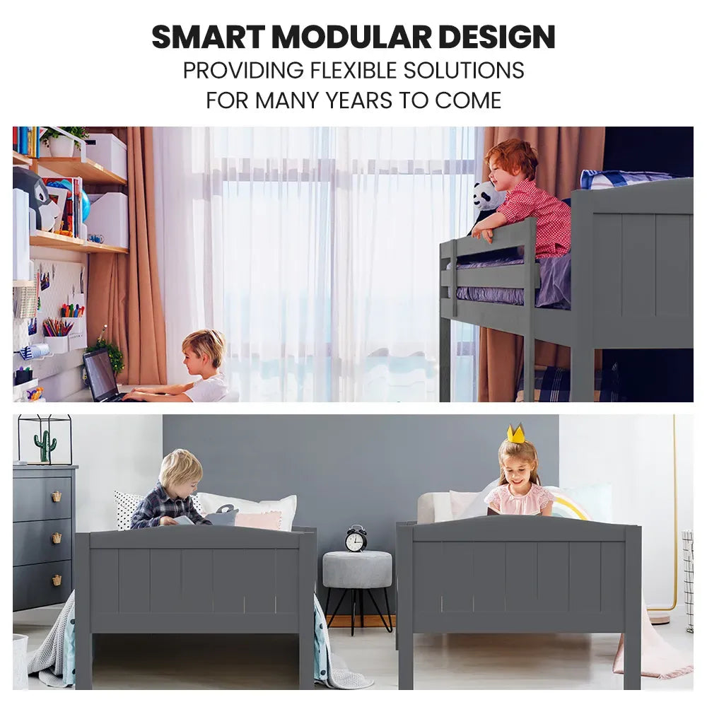 KINGSTON SLUMBER Single Bunk Bed Frame, Solid Pine 2-in-1 Modular Design Convert to 2 Single Beds, Grey V219-BEDSBBKS03GA