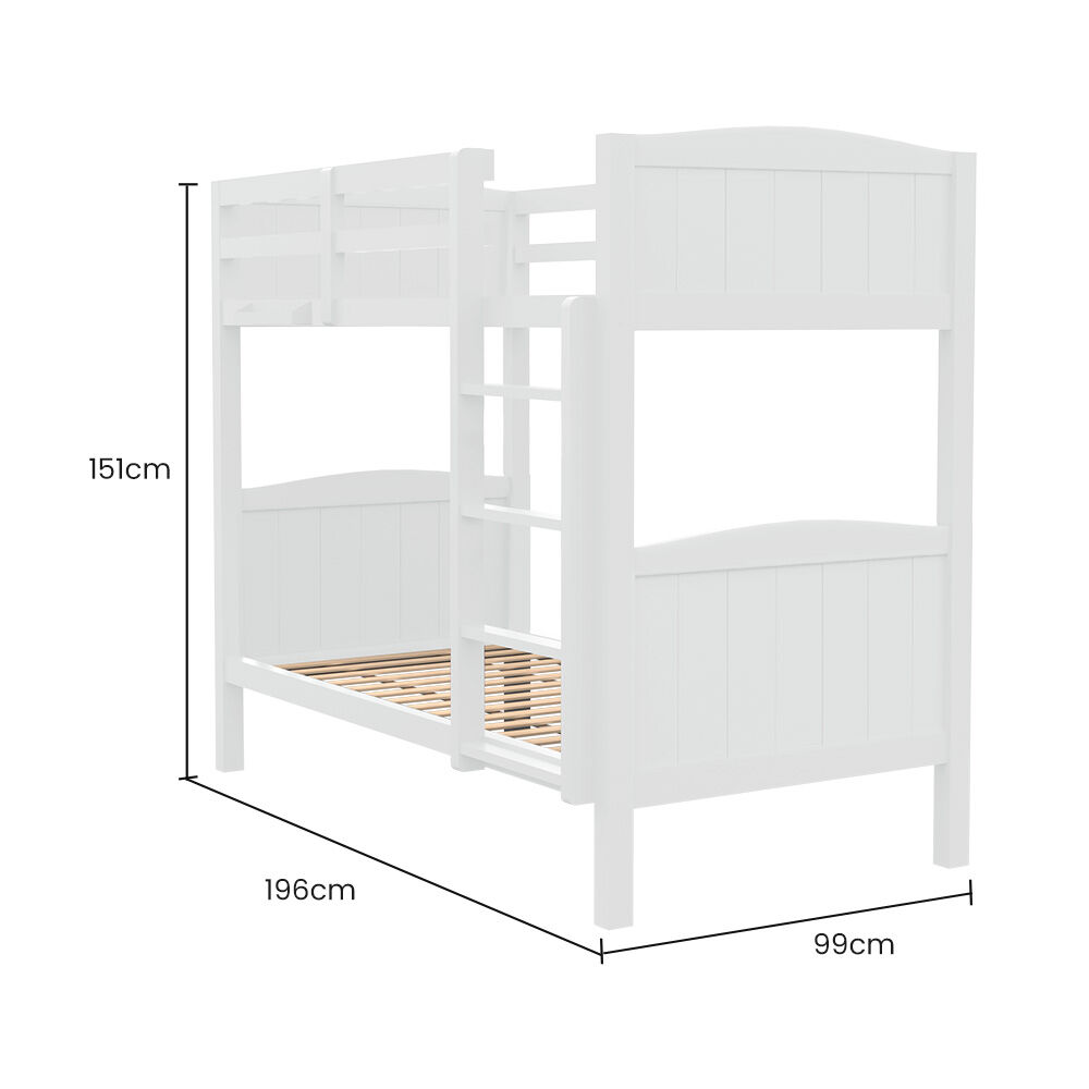 Kingston Slumber Single Bunk Bed Frame Solid Pine Wood Timber, Modular Design, White V219-BEDSBBKS03WA