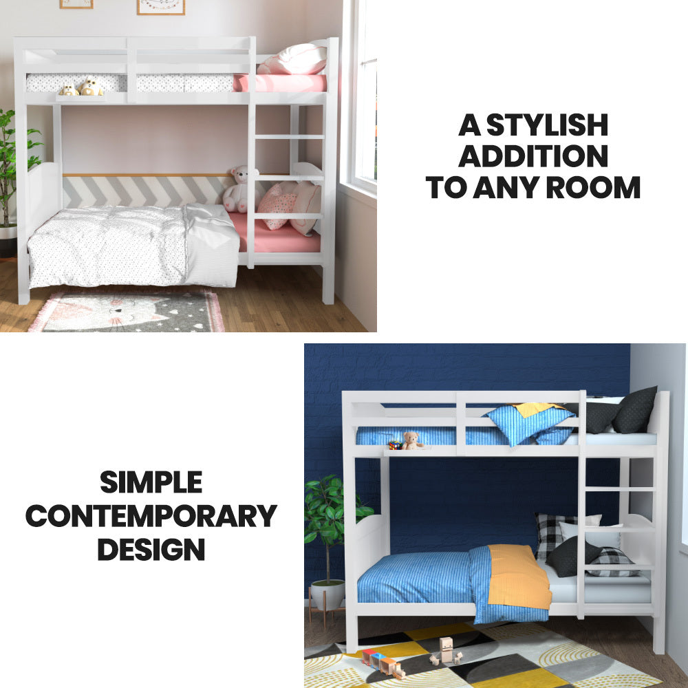 Kingston Slumber Single Bunk Bed Frame Solid Pine Wood Timber, Modular Design, White V219-BEDSBBKS03WA