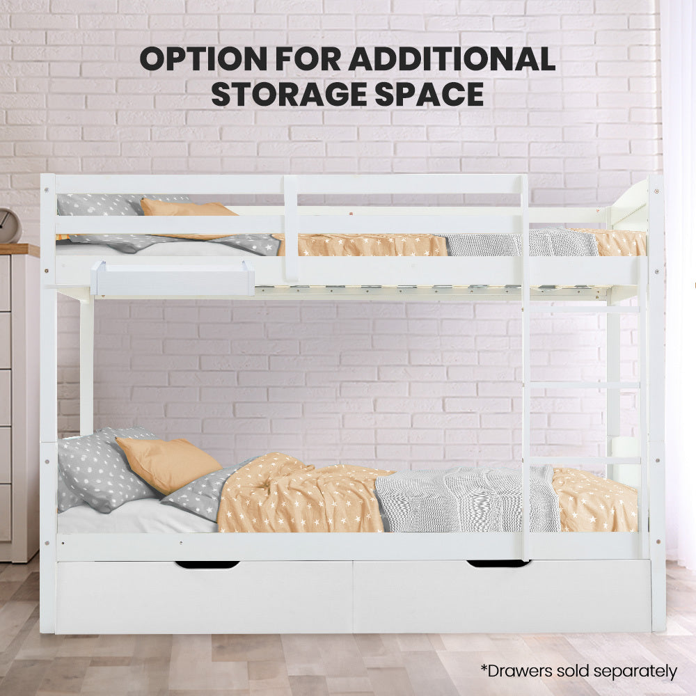 Kingston Slumber Single Bunk Bed Frame Solid Pine Wood Timber, Modular Design, White V219-BEDSBBKS03WA