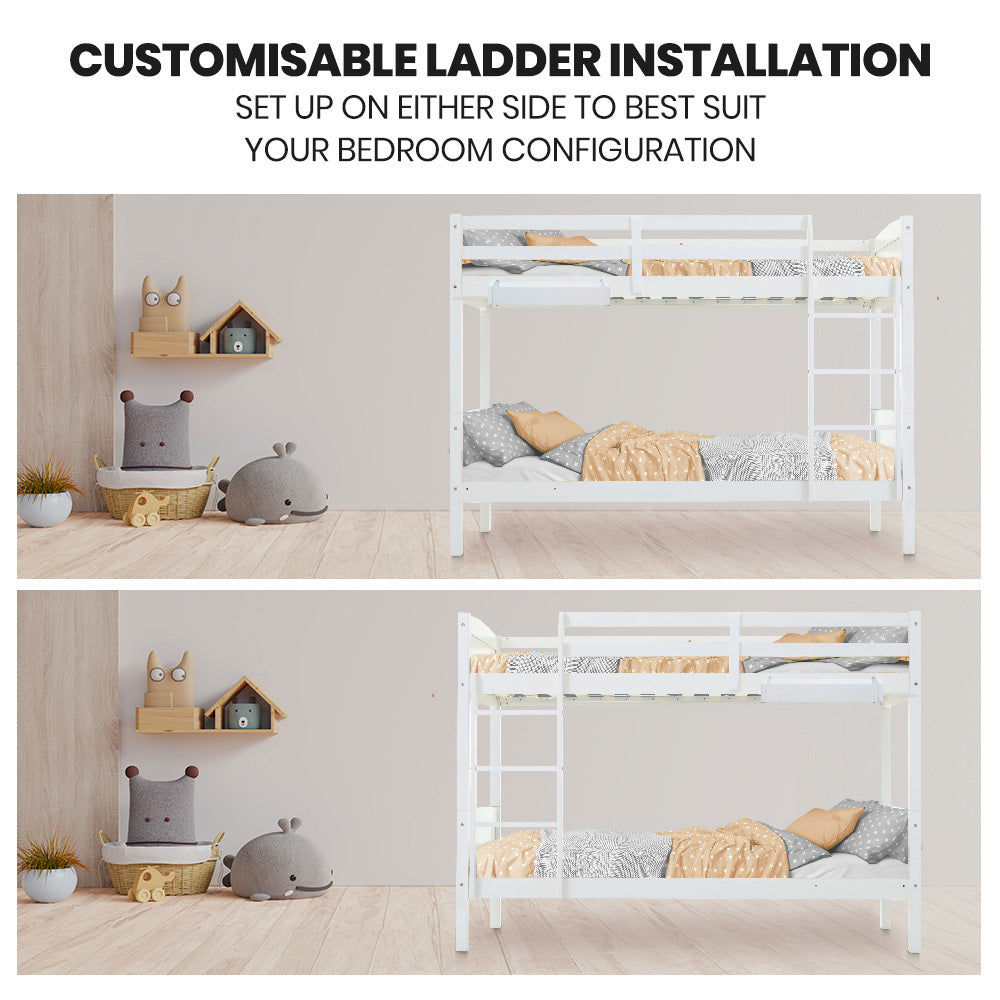 Kingston Slumber Single Bunk Bed Frame Solid Pine Wood Timber, Modular Design, White V219-BEDSBBKS03WA