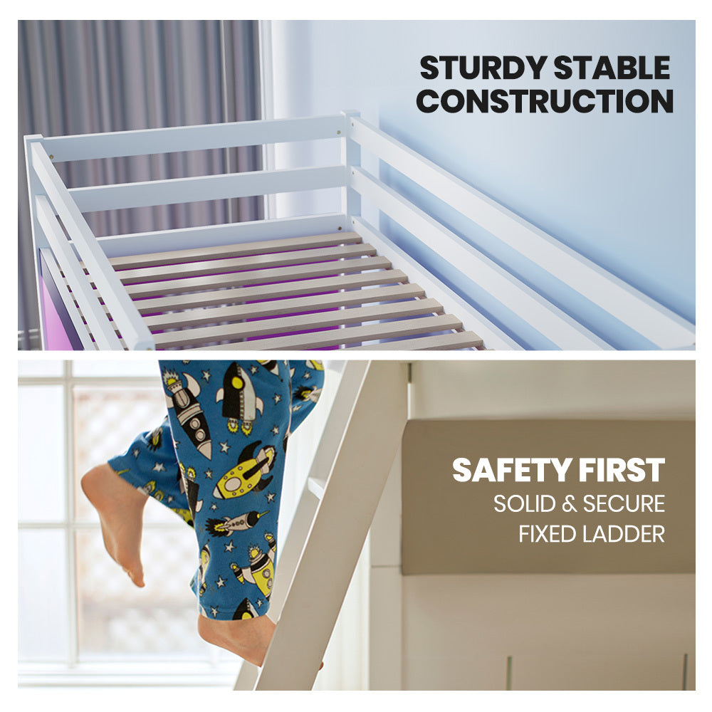 Kingston Slumber Wooden Kids Single Loft Bed Frame - Hiding Space Underneath with Interchangeable Pink and V219-BEDSBBKSL1WA