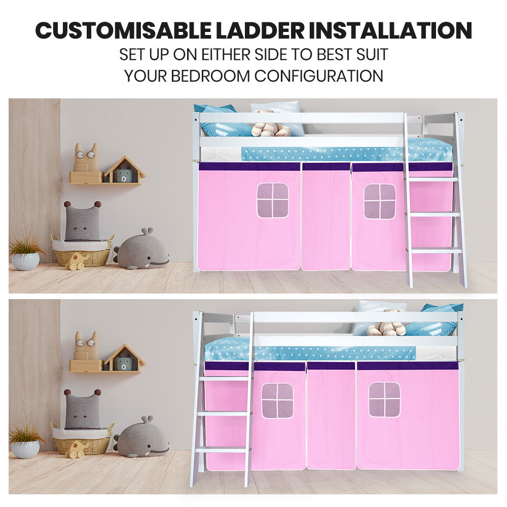 Kingston Slumber Wooden Kids Single Loft Bed Frame - Hiding Space Underneath with Interchangeable Pink and V219-BEDSBBKSL1WA