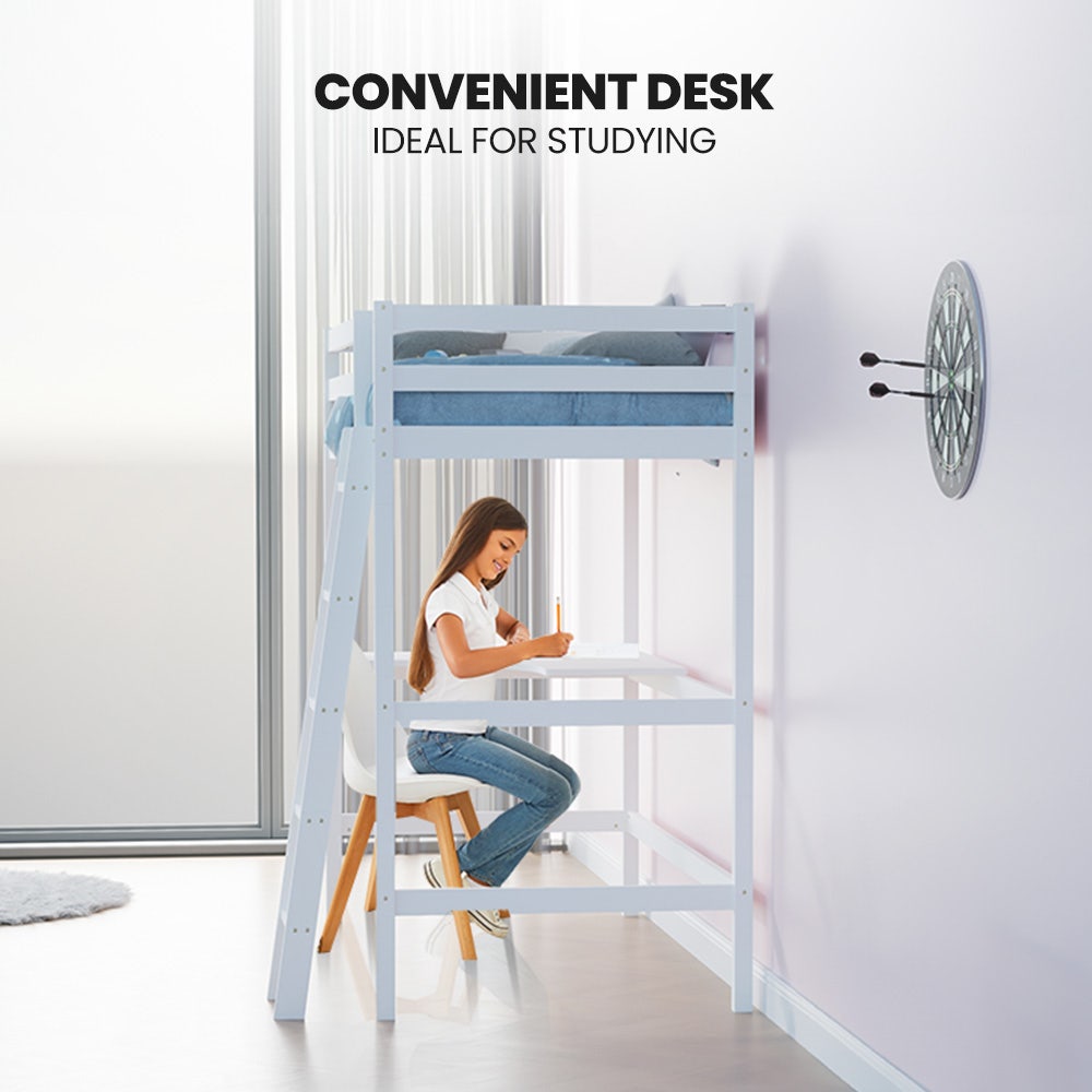 KINGSTON SLUMBER Wooden Kids Single Loft Bed Frame with Desk - White V219-BEDSBBKSL2WA