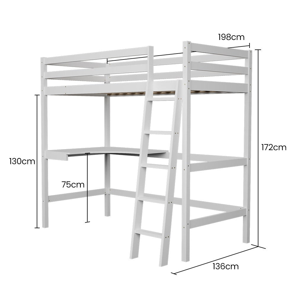 KINGSTON SLUMBER Wooden Kids Single Loft Bed Frame with Desk - White V219-BEDSBBKSL2WA