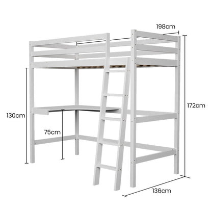 KINGSTON SLUMBER Wooden Kids Single Loft Bed Frame with Desk - White V219-BEDSBBKSL2WA