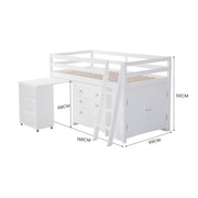 KINGSTON SLUMBER Wooden Kids Single Loft Bed Frame with Pull Out Desk, Storage Drawers, Cabinet - White V219-BEDSBBKSL4WA