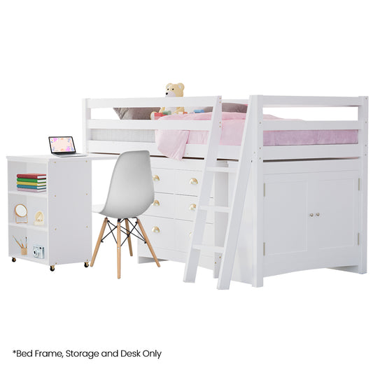 KINGSTON SLUMBER Wooden Kids Single Loft Bed Frame with Pull Out Desk, Storage Drawers, Cabinet - White V219-BEDSBBKSL4WA