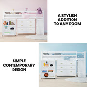 KINGSTON SLUMBER Wooden Kids Single Loft Bed Frame with Pull Out Desk, Storage Drawers, Cabinet - White V219-BEDSBBKSL4WA