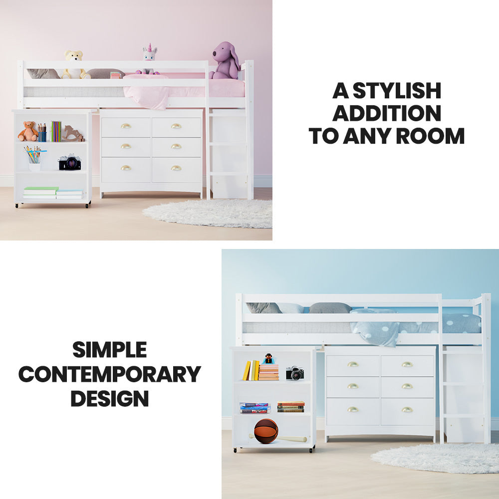 KINGSTON SLUMBER Wooden Kids Single Loft Bed Frame with Pull Out Desk, Storage Drawers, Cabinet - White V219-BEDSBBKSL4WA