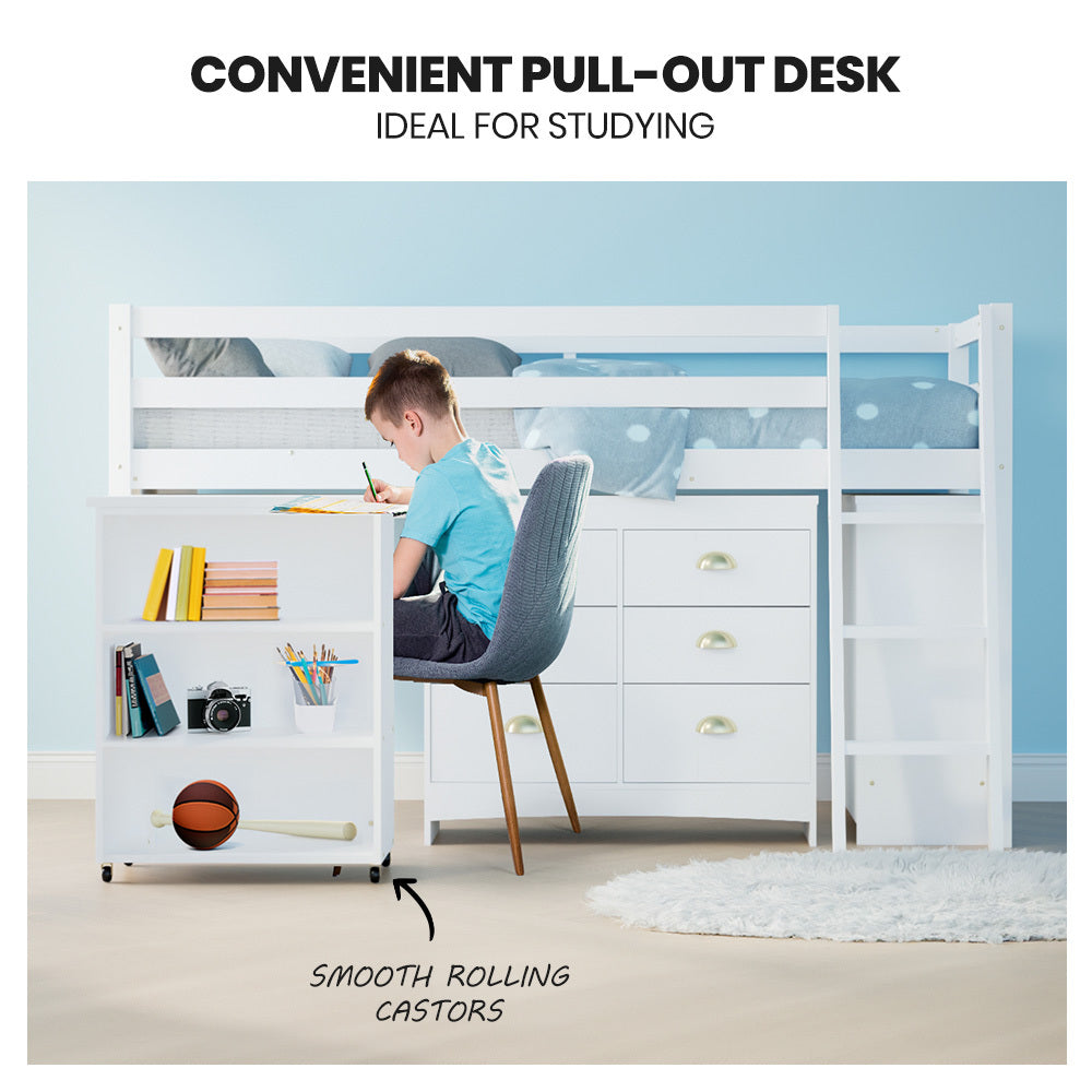 KINGSTON SLUMBER Wooden Kids Single Loft Bed Frame with Pull Out Desk, Storage Drawers, Cabinet - White V219-BEDSBBKSL4WA