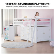 KINGSTON SLUMBER Wooden Kids Single Loft Bed Frame with Pull Out Desk, Storage Drawers, Cabinet - White V219-BEDSBBKSL4WA