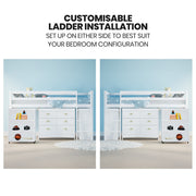 KINGSTON SLUMBER Wooden Kids Single Loft Bed Frame with Pull Out Desk, Storage Drawers, Cabinet - White V219-BEDSBBKSL4WA