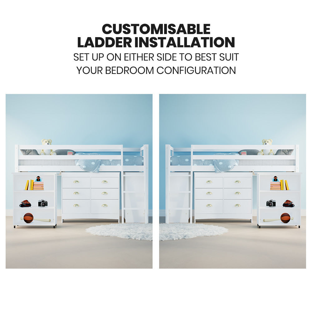 KINGSTON SLUMBER Wooden Kids Single Loft Bed Frame with Pull Out Desk, Storage Drawers, Cabinet - White V219-BEDSBBKSL4WA