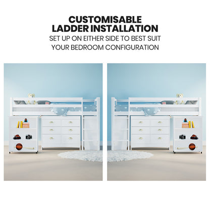 KINGSTON SLUMBER Wooden Kids Single Loft Bed Frame with Pull Out Desk, Storage Drawers, Cabinet - White V219-BEDSBBKSL4WA