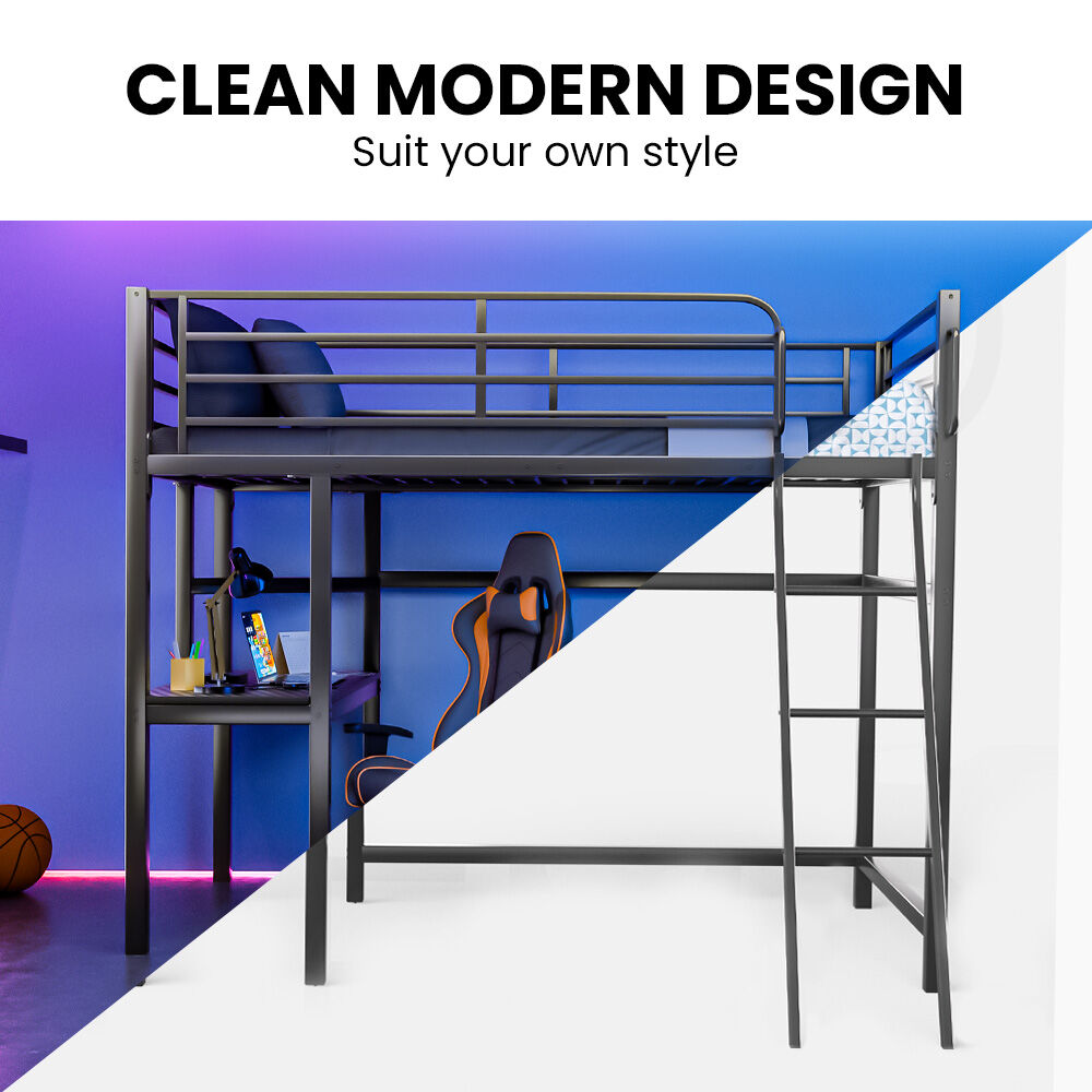 Gaming Loft Bed with Desk, Steel Metal Frame, Space Saving Design, for Single Mattress, Matte Dark Grey V219-BEDSBBKSL5GA