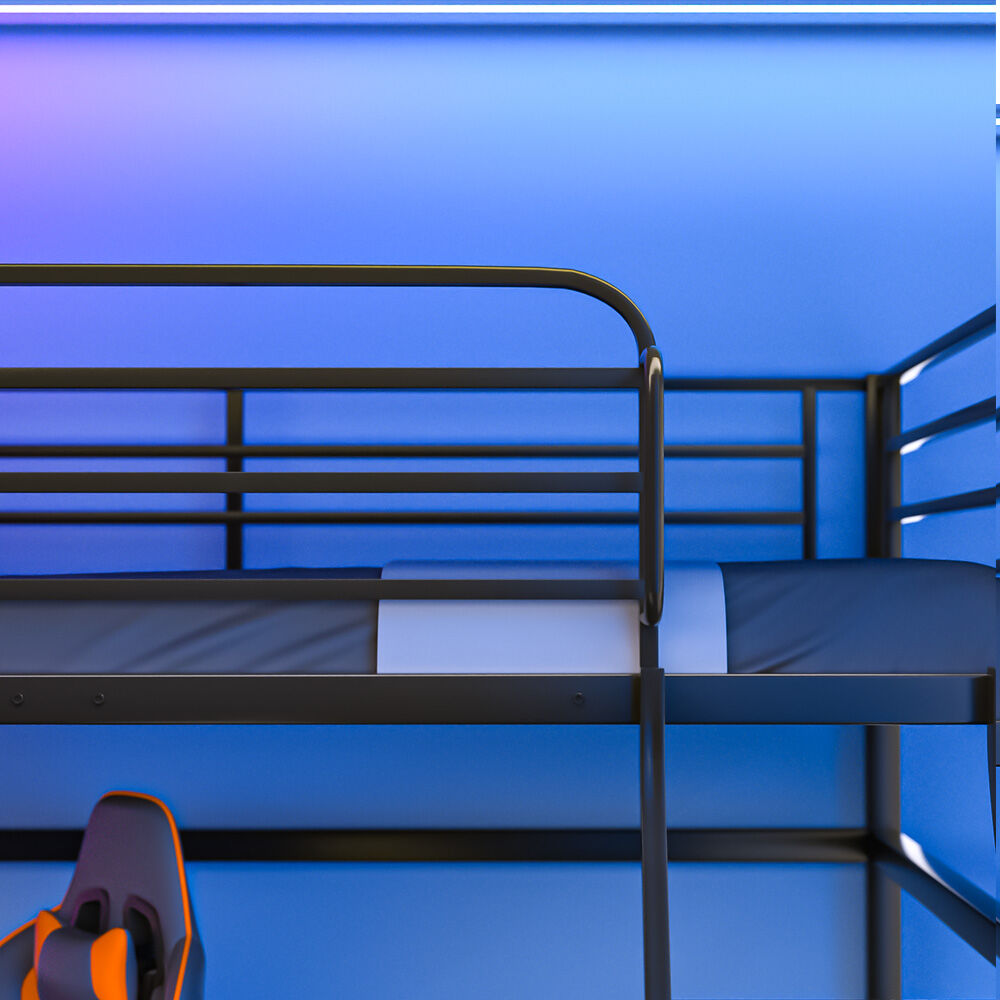 Gaming Loft Bed with Desk, Steel Metal Frame, Space Saving Design, for Single Mattress, Matte Dark Grey V219-BEDSBBKSL5GA