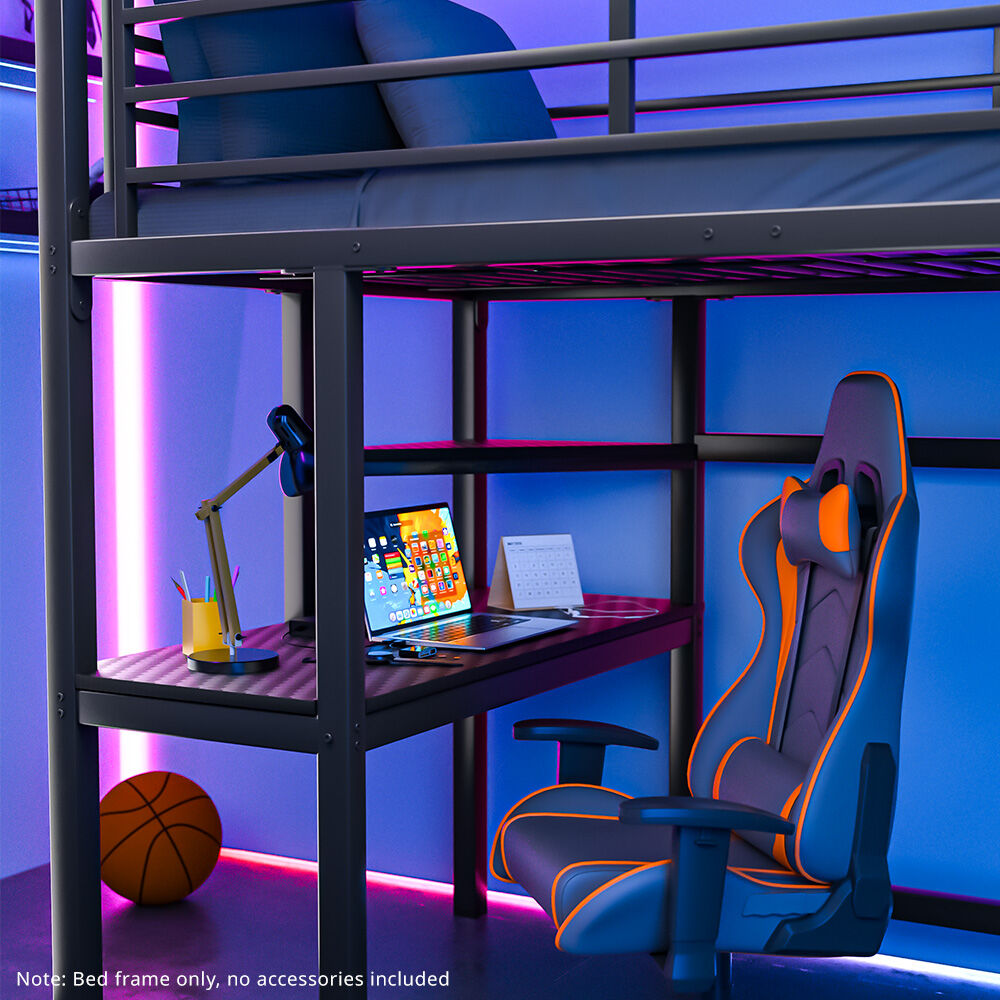 Gaming Loft Bed with Desk, Steel Metal Frame, Space Saving Design, for Single Mattress, Matte Dark Grey V219-BEDSBBKSL5GA