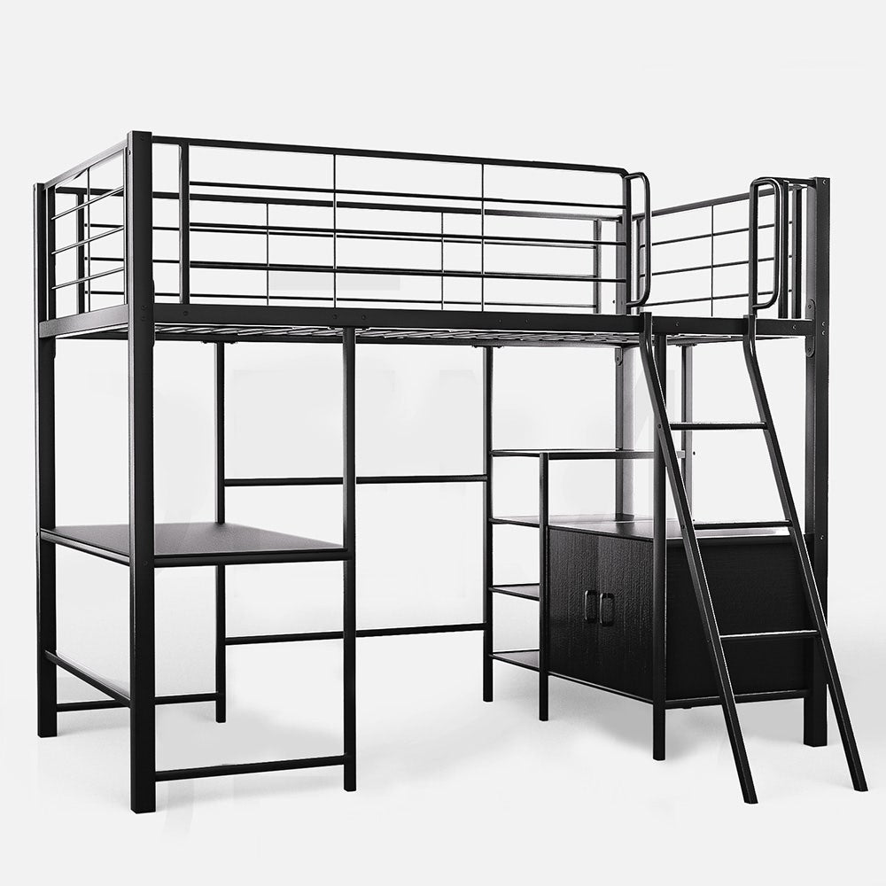 Gaming Loft Bed with Desk and Storage Cabinet, Steel Metal Frame, Space Saving Design, for Single Mattress, V219-BEDSBBKSL6GA