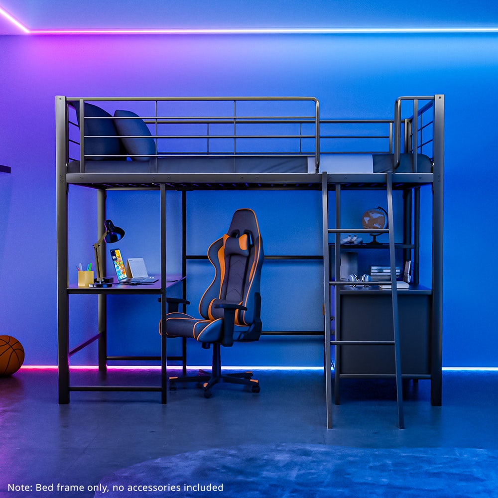 Gaming Loft Bed with Desk and Storage Cabinet, Steel Metal Frame, Space Saving Design, for Single Mattress, V219-BEDSBBKSL6GA